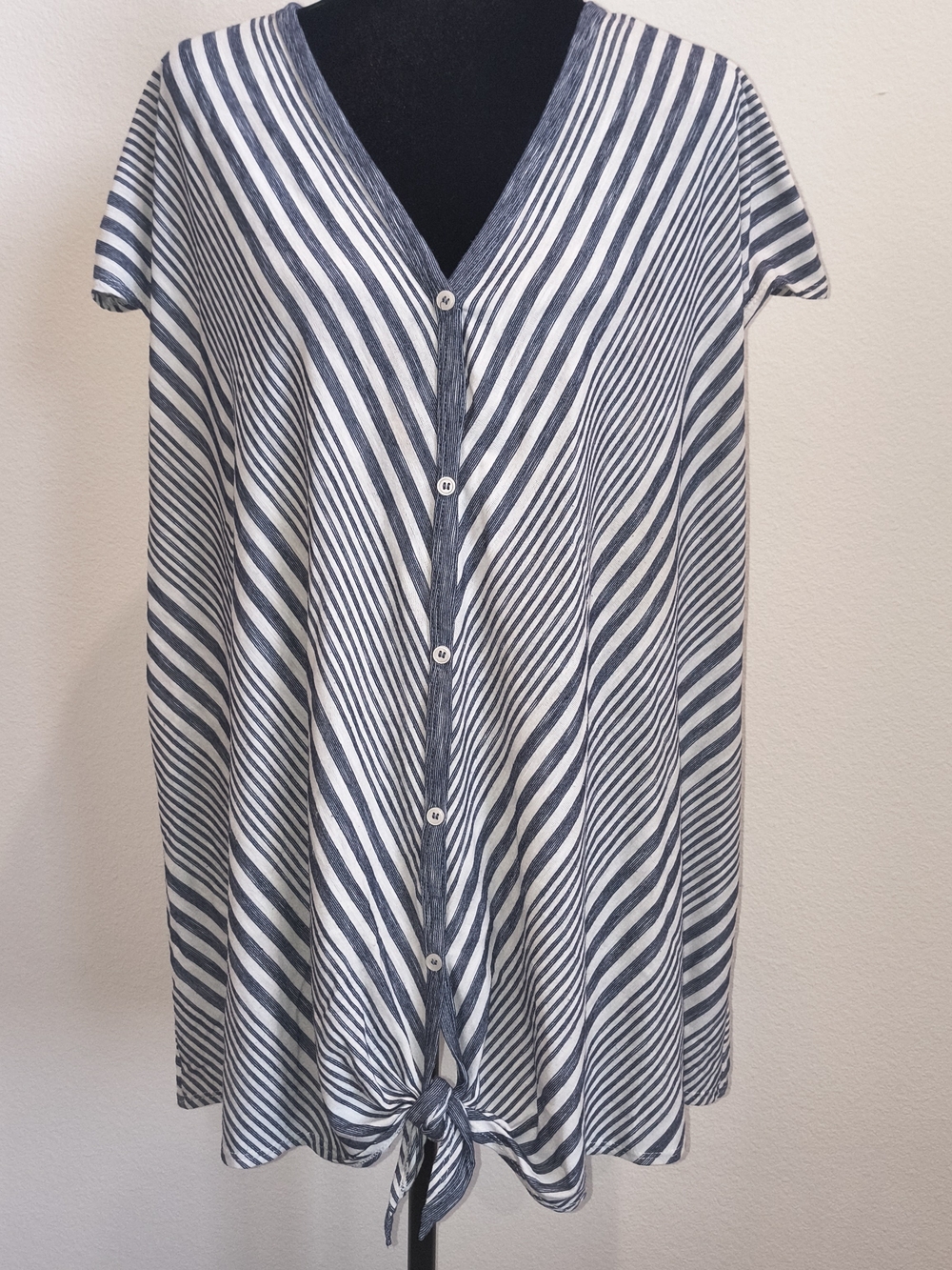 Striped V-Neck Tie-Front Button Top - Navy & White